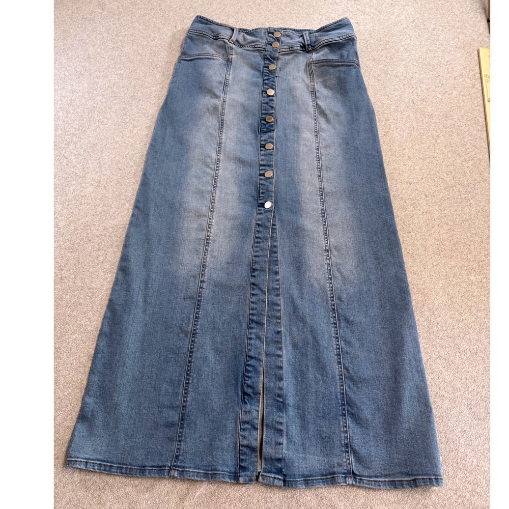Juliette Denim Maxi Skirt Womens Size 10 Button Front Long Jean Skirt Blue